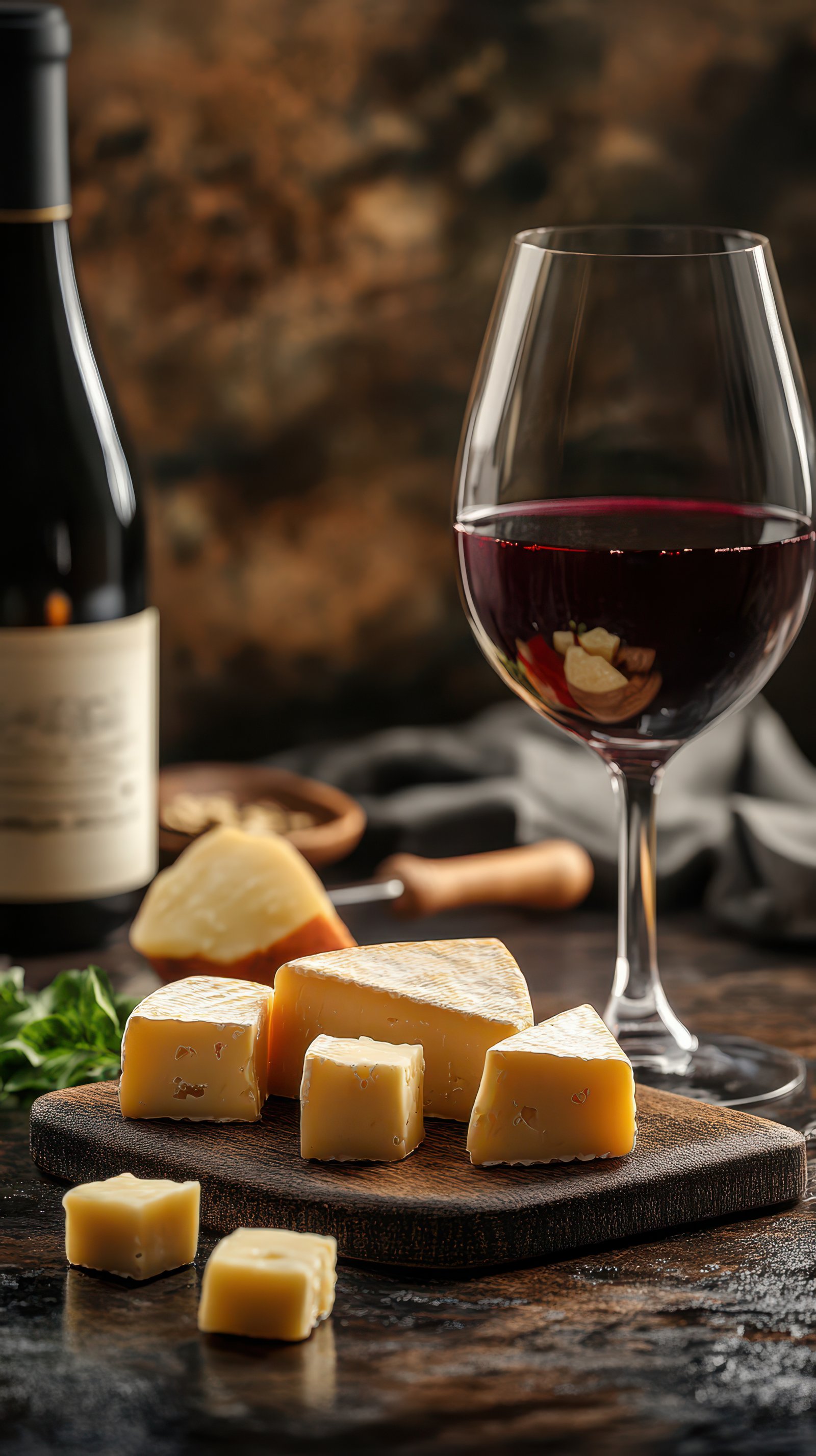 Enjoying a rich selection of cheese paired with a glass of red wine on a rustic table